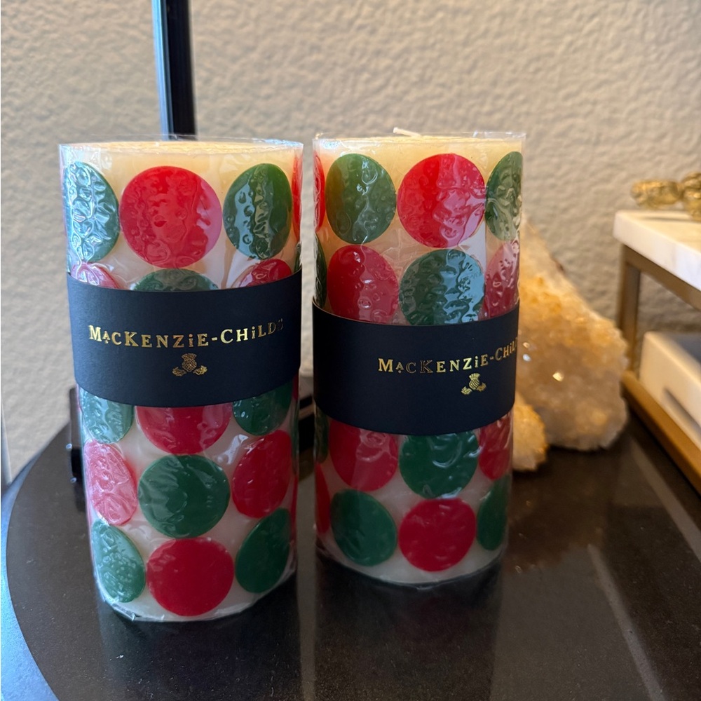 Mackenzie Childs Macrodot 6" PAIR Red & Green Pillar Candle NEW